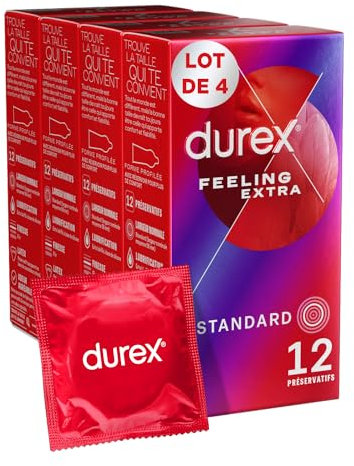 Durex Préservatifs Feeling Extra - 12 Préservatifs Homme Fins et Extra Lubrifiés (48 Préservatifs)