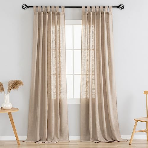 VOILYBIRD Linen Semi Sheer Curtains Tab Top Light Filtering Elegant Curtains & Drapes for Living Room (Tan, W52 x L108, 2 Panels)