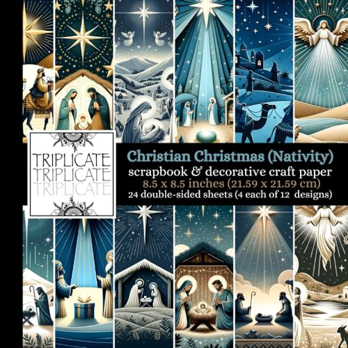 Christian Christmas (Nativity) Scrapbook and Decorative Craft Paper: 24 double-sided matte sheets of 8.5 x 8.5 inch 60lb (90gsm) cardstock featuring 12 background designs (4 of each design)