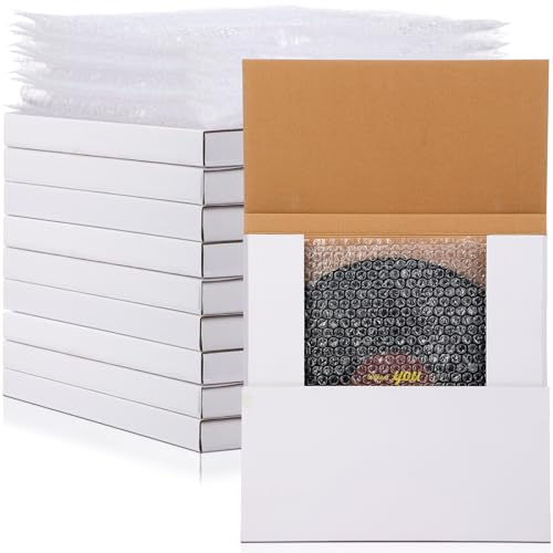 Janlaugh 10 Sets Vinyl Record Mailers 12.6 x 12.6 x 1 Inch LP Shipping Boxes Easy Fold Album Corrugated Cardboard Box with Fragile Stickers and Bubble Bags for Packing Shipping Moving Storage