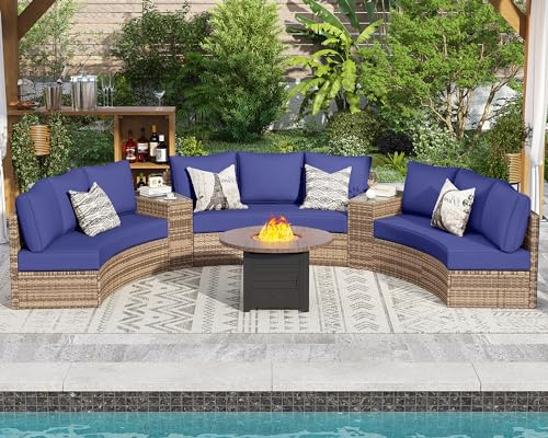 PaPaJet 11-Piece Patio Furniture Set with Large Storage Wedge Table, Half-Moon Wicker Sectional Sofa with Cushions, Waterproof Rattan Outdoor Conversation Set for Beach, Pool, Garden & Balcony, Blue