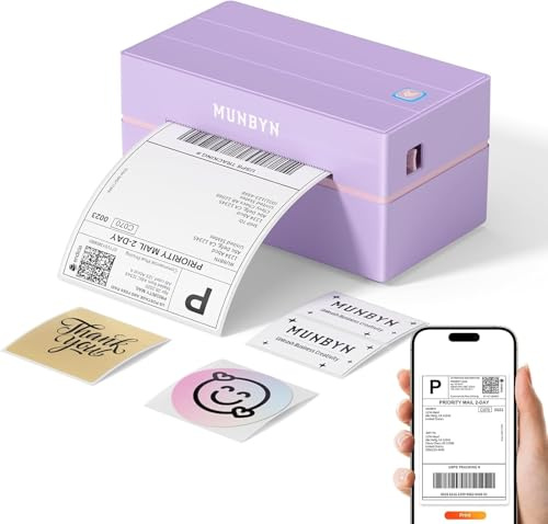 MUNBYN Imprimante Thermique Bluetooth, Imprimante d'Étiquettes 4x6 sans Fil Haute Vitesse pour Colis et Petites Entreprises à Domicile, Compatible avec iPhone/Android/Mac/Windows/Colissimo/UPS, Violet
