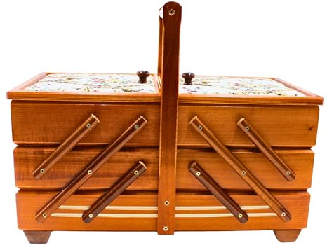 Scatola da cucito di alta qualità in legno impiallacciato con 7 scomparti e rivestimento in tessuto a forma di rosa in mogano, lunghezza 42 x larghezza 20 x 21 cm