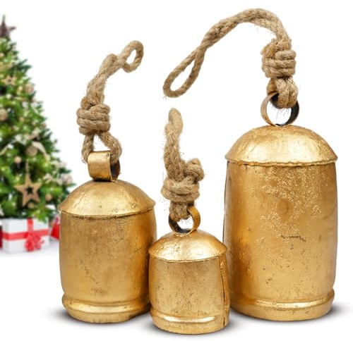 Juego de 3 campanas de Navidad rústicas doradas para decoración, perfectas para campanas de vaca, colgar en puertas, escaleras, pared (grande)