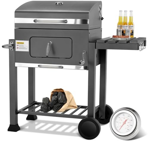 Barbecue Charbon de Bois, Barbecues à Charbon Grande Taille, BBQ Smoker, Grill XXL à Charbon de Bois avec Couvercle, Thermomètre et 2PCS Roues, Barbecue Fumoir, 124x56x140cm, Gris