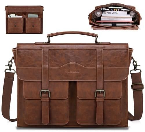 RAINSMORE Mens Messenger Bag 17 Inch Vintage Leather Laptop Briefcase Magnetic Closure Large Satchel Computer Shoulder Bag for Office Travel College, Brown