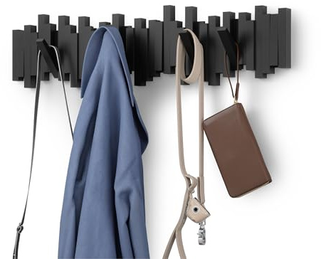 Umbra Sticks Wall-Mounted Coat Rack Rail Hook with 8 Retractable Pegs – Modern, Space-Saving Storage Organizer, Black