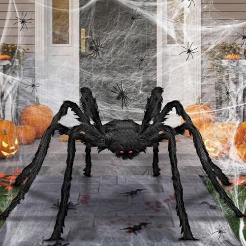 Araignée Halloween,2m Araignée geante Halloween,Deco Hallowee-n Exterieur,avec Toiles d'Araig-née & 20 Petites Araig-nées,Hallowee-n Decoration Exterieur,pour Jardin Cour Maison Hantée