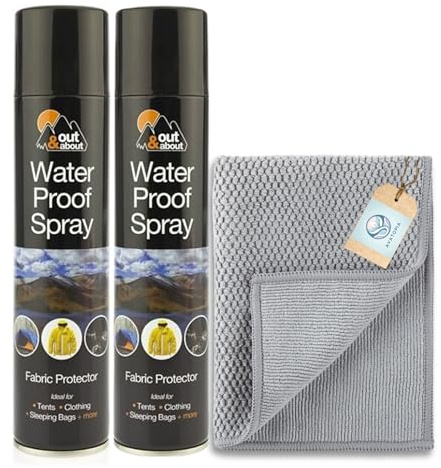 (2-Pack) Waterproof Spray for Shoes, Trainers, Jackets & Tents (300ml) – Fabric Protector & Suede Waterproof Spray for Coats, Boots & Camping Gear | Long-Lasting Protector Spray + Microfibre Cloth