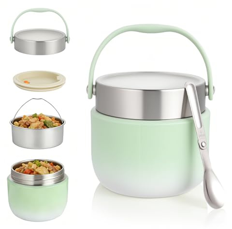 OTraki Termos per Alimenti 1200ml Contenitore Portapranzo Termico Cibo Caldi con Cucchiaio Pieghevole, Thermos Pappa Acciaio Inossidabile per Conservare Porridge, Zuppa, Frutta e Pranzi (Verde)
