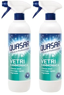 Quasar - Vetri con Ammoniaca - Senza Aloni, Asciuga Rapido, Sgrassa - 2 Flaconi da 580 ml