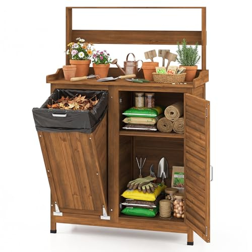 COSTWAY Växtbord utomhus väderbeständigt, trädgårdsbord trä, blombord med underskåp, soptunna och justerbar hylla, trädgårdsbord för trädgård terrass innergård, 102 x 43,5 x 152 cm, natur