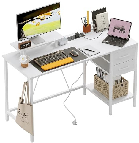Xyphren 120x50cm Skrivbord med eluttag, 2 lådor och avtagbar monitorställare, vändbart datorbord PC bord för hemmakontor, arbetsrum, sovrum, Vit