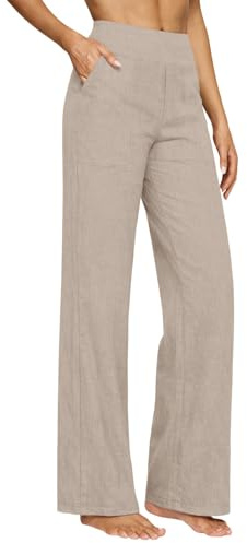 Linen Trousers Womens Ladies Summer Trouser UK Petite Casual Cotton Fashion Breathable Holiday Travel Beach Elasticated High Waist Wide Leg Lightweight Lounge Palazzo Pants