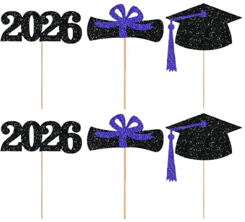 Bouquet Toppers - 6 Pack 2026 Ceremony Decorations | Season Vase Plugs Cake Toppers | Party Theme Decor Supplies. Glitter Paper, Black Red Blue