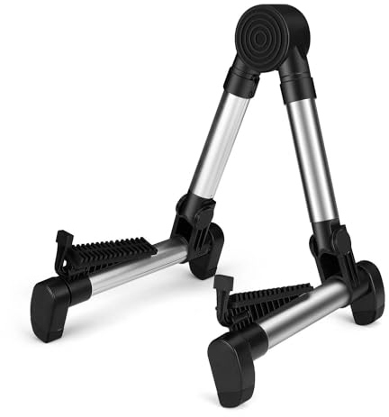 Flexzion Gitarrenständer mit A-Rahmen, Tragbarer Gitarrenhalter aus Aluminium, Faltbarer Ständer für Akustikgitarre, Cello, E-Gitarre, Bass, mit Schaumstoffbezug & Gummipolster, Silber