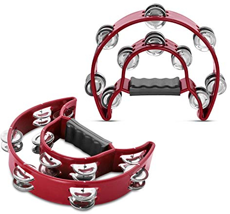 Flexzion Tamburin, Handtrommel - 2er-Pack, 25cm Schellenkranz mit Handgriff, Musik Schlaginstrument, zweireihig Schellenring in Halbmond-Form Rahmen, mit 20 Paar Metall Schellen, Rot