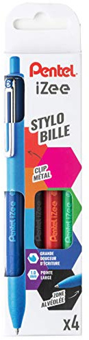 Pentel iZee BX470/4BASIC Pochette de 4 stylos-bille rétractables avec clip en métal Noir/bleu/rouge/vert