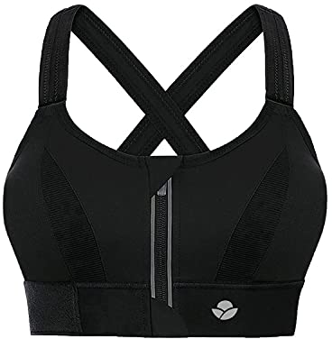 YIANNA Women High Impact Sports Bra Plus Size Zip Front Fastening Bras Padded Adjustable Strap Wireless Running Yoga Top Black , 151 3XL