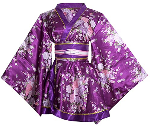 HUAHUA Womens Sexy Short Kimono Dress Floral Print Japanese Traditional Geisha Yukata Robe Bathrobe Skirt Belt Outfit (D02-Purple, One Size)