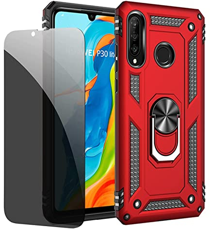 JOYTAG Schutzhülle kompatibel mit Huawei P30 Lite, Rot, Schutzhülle mit Displayschutzfolie aus Sichtglas, Anti-Spionage-Schutz
