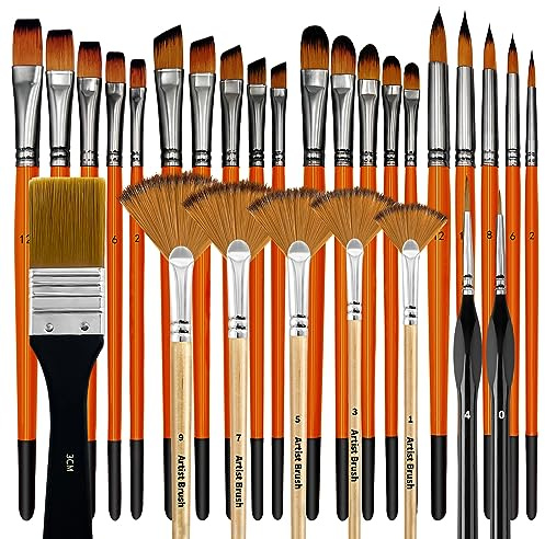 Bougimal penselset akrylfärger, set med 28 akrylpenslar, konstnärsborste med rund, fyrkantig, platt, fläktpenselset för konstnärer och nybörjare för målning (orange)