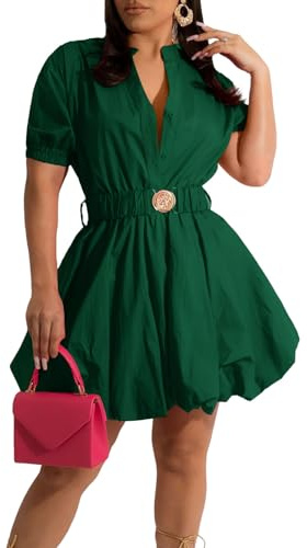 ENOPINK Women Deep V Neck Mini Dress Puffy Sleeves Birthday Bubble Dresses with Belt Green XL