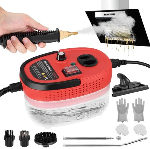 2500W Steam Cleaner, High Pressure Steam Cleaner, 1200ML Handheld Steamer Cleaning Machine with 3 Brushes, High-Temp Steamer for Cleaning Home Use, Car, Kitchen, Bathroom, Tile (Red)