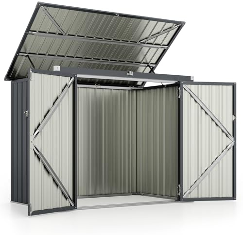 COSTWAY Mülltonnenbox für 2 Mülltonnen, Müllbox aus verzinktem Metall, Müllhaus mit 2 Türen & Klappdeckel, Mülltonnenschuppen abschließbar wetterfest, anthrazit, Gartenbox Garten, 172 x 95,5 x 130 cm