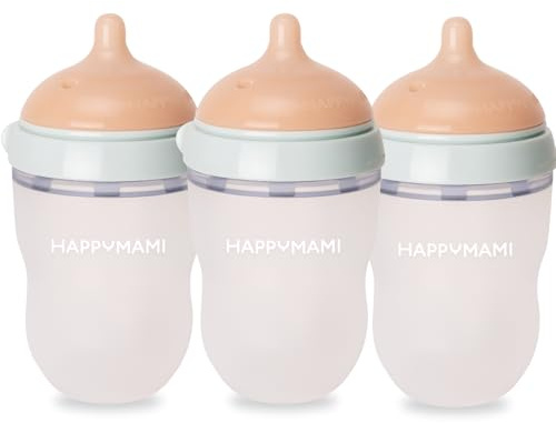 HappyMami - Set de 3 Biberons en Forme de Sein, Biberons,Tétine en Silicone de grade alimentaire, Double Système Anti-Colique, sans BPA, Lavable au Lave-vaisselle, Chauffe-biberon (Turquoise 250ml)