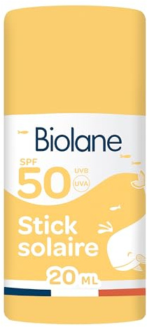 BIOLANE - Stick Solaire Bébé - Protection SPF50 - Visage & Corps - 20ml | Haute Protection UVA et UVB, Peaux Sensibles, Résistant à l'eau, Texture invisible, Fabriqué en France