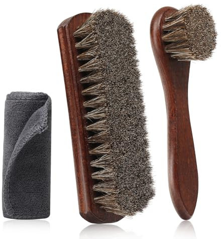 Kit 3 Pièces Brosse à Chaussures 100% Crin de Cheval Set Entretien Cuir Bois de Hêtre Nettoyage Daim Sneakers Bottes Brosse à Luire Applicateur Chiffon Polissage Doux Naturel Cadeau Homme Coffret