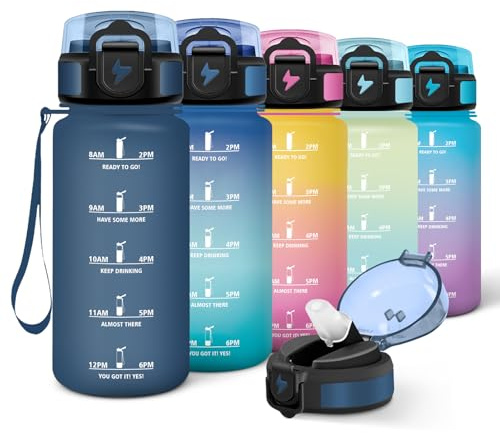Motswedi Gourde Enfant, 500ml avec Paille, Gourde Sport, Réutilisable, Anti-Fuite, Bouteille, avec Marqueur de Temps, Bouteille d'eau, pour École, Fitness, Yoga, Sport, Bleu Foncé