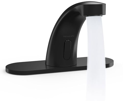 PRIMSOPH Sensor de movimiento automático, manos libres, electrónico, infrarrojo, inteligente, comercial, sin contacto, grifo para fregadero de baño, con placa de cubierta, mezclador de temperatura