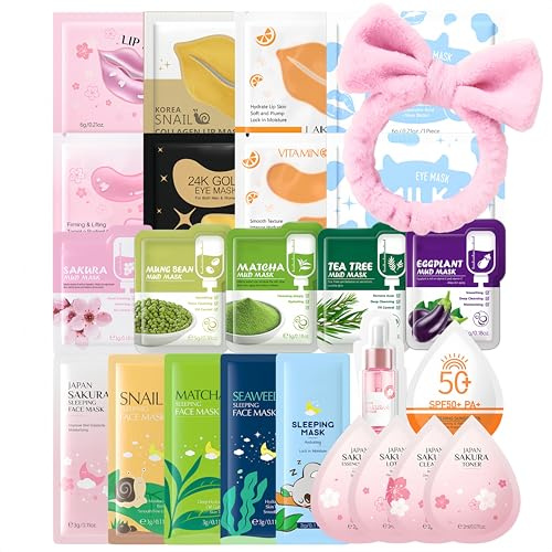 25PCS Gesichtsmasken Set Übernachtungsparty Mädchen - Gesichtsmaske Frauen - Glättend Face Mask Pyjama Party Mädchen - mit Schlafmasken,Schlammmasken,Augen-&Lippenmasken,Stirnband - Travel Essentials