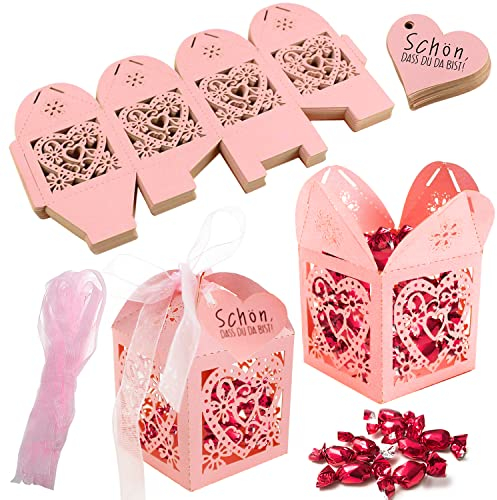 Hochzeit Geschenkbox Süßigkeiten Kasten Gastgeschenke Schachtel 50 Stück Rosa Geschenkboxen Bonbon-Box mit Farbband für Tischdeko Hochzeit Hochzeitstag (5x5x8cm)