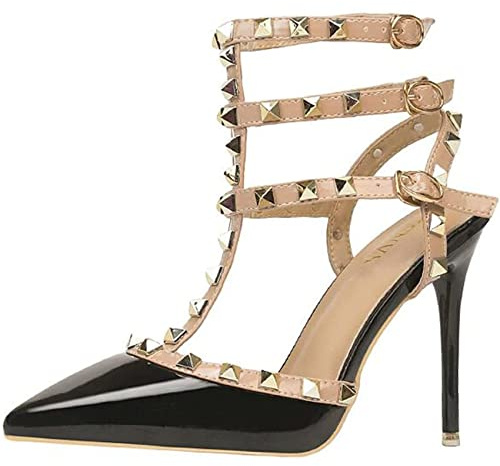 EXECAB Sandali con Tacco da Donna, Cinturino alla Caviglia con Rivetto da 10 Cm / 4 Pollici Tacchi Alti con Cinturino A T con Borchie A Spillo Décolleté da Sposa Slingback A Punta Chiusa,Nero,39