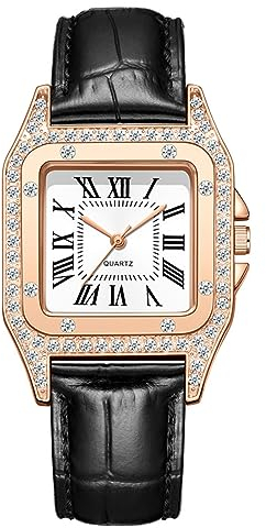 JewelryWe Uhren Damen Leder Quadratisch - Elegant Glitzer Strass Analog Quarz Armbanduhr Frauen Lässige Uhr mit Quadratischem Römischen Ziffern Zifferblatt und Schwarz Leder Armband
