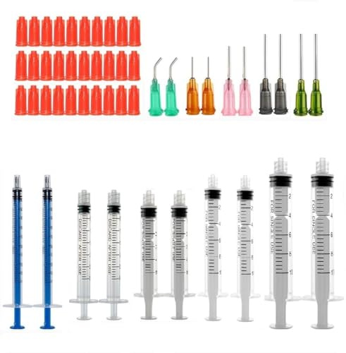 25-pack sprutset med trubbig spets, 1 ml, 3 ml, 5 ml, 10 ml, 20 ml med 14 g, 16 g, 18 g, 20 g, 23 g trubbiga nålar och sprutlock för gör-det-själv hantverk påfyllningslim, experiment, industriell