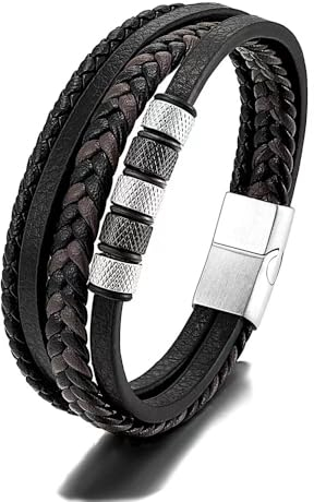 JSNOM Armband Herren Lederarmband Geschenke: Geflochten Leder Weihnachten Vatertag Valentinstag Geburtstagsgeschenk Liebesgeschenke Schmuck Geschenk für Freund Ehemann Papa Männer (23CM, Silber)