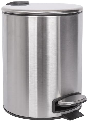 Harbour Housewares 5L Bathroom Bin - Brushed - Round Stainless Steel Pedal Bin Slim Kitchen Rubbish Trash Can Garbage Dustbin with Lid and Inner Liner Bucket