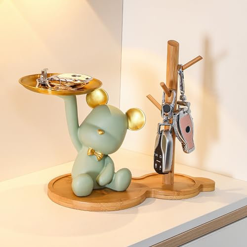 Starnearby Plateau Clé Entrée Statue Ours Vide Poche, Bol Clé Entrée Ours Sculpture en Résine, Statue avec Plateau, Plateau Rangement Clef, Bijoux, Plateau Clé Entrée, Décoration