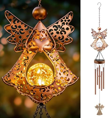 Yeomoo Scacciapensieri in metallo da giardino con angelo solare, decorazione per esterni, decorazione da giardino, regalo per donne, mamma, compleanno, campanelle per terrazze, balconi, corridoi, rame