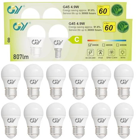 GY E27 LED Warmweiss Lampe 4.9W 3000K 807 Lumen Warmweiß Leuchtmittel,G45/P45 Energiesparlampe 60W lampe ersetzt,Nicht Dimmbar LED Birnen,12 stück