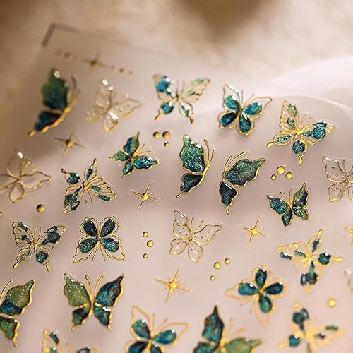 Mrltau Lot de 2 feuilles d'autocollants pour ongles - Motif papillon 5D - Bord doré - Accessoires de design pour ongles - Papillons décoratifs