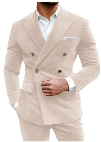 Stillluxury, blazer da uomo in corduroy, doppio petto, con visiera a bavero, slim fit, formale, sportivo, Beige, XL