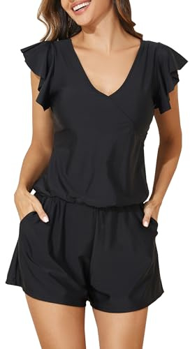 Smismivo Women Swim Romper with Built in Bra and Pockets Ladies Swimming Costume Tummy Control Swimwear Modest One Piece Swimsuit with Shorts Ruffle Sleeve Swim Dress (Black)