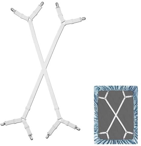 2 Piezas Sujetadores para Sábanas, Sujetadores de Hojas, Tensor de Sábana Bajera, Con clip de metal, Ajustables Elásticos Correas Cama Clips para Sábanas o Sofás, Blanco
