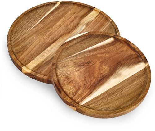 Bandeja redonda de madera para servir – 2 unidades bandeja de servir de madera de acacia decorativa de bambú bandeja decorativa para servir platos de madera para decoración de mesa para bebidas