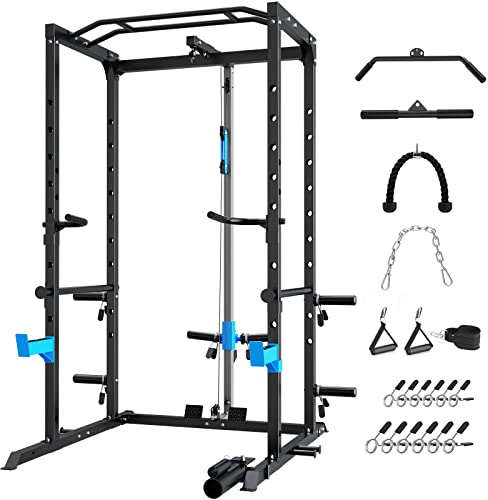 WINNOW Power Cage de musculation multifonction avec crochets en J, poignées de trempage, fixation contre les mines terrestres et système de poulie de câble optionnel pour salle de sport à domicile